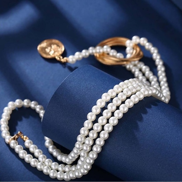 NWB Boho Festival Gold Pearl Layered Multistrand Women’s Chain Necklace - Picture 4 of 6